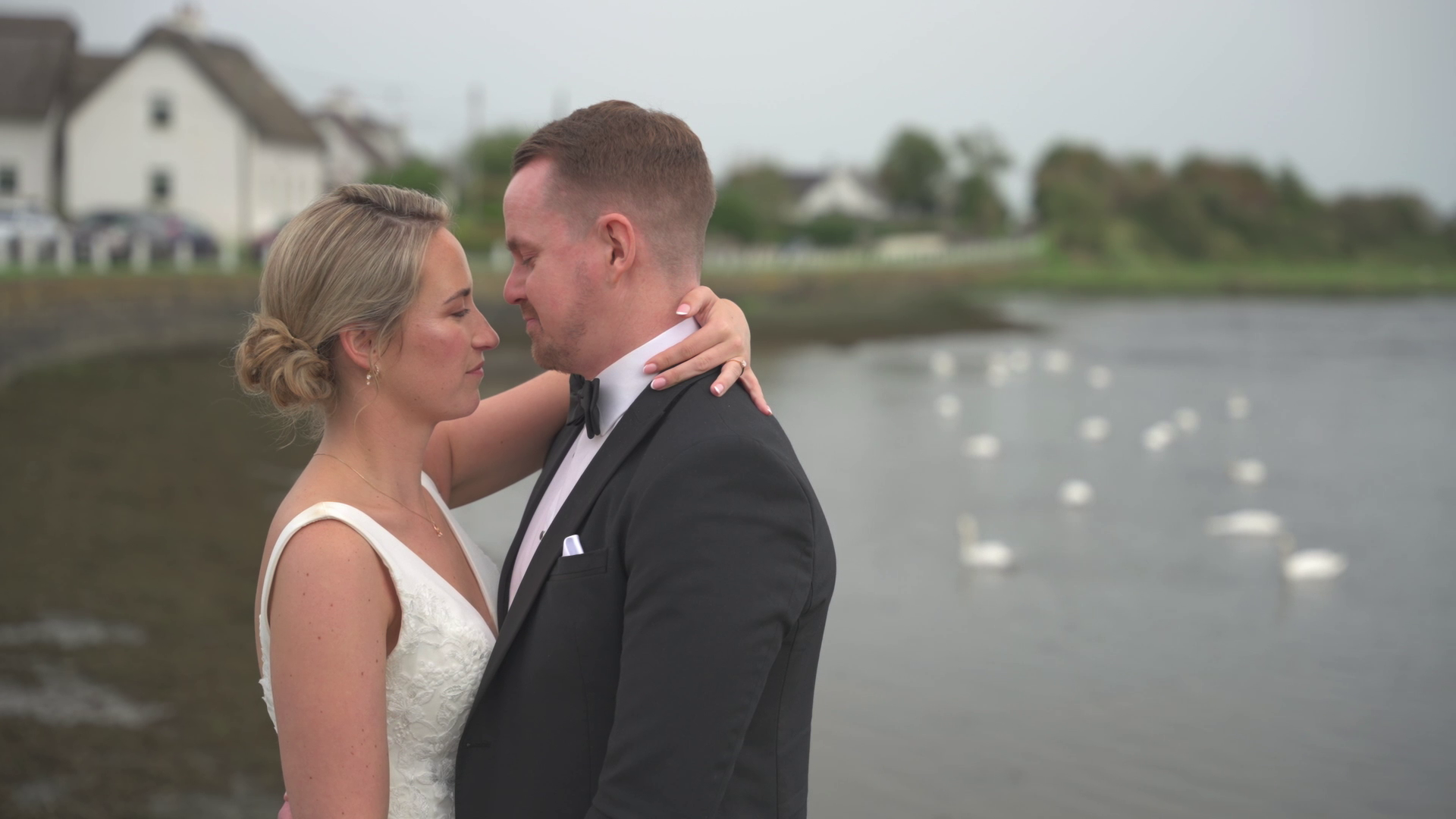 A newlywed couple kissing beside a swan filled river